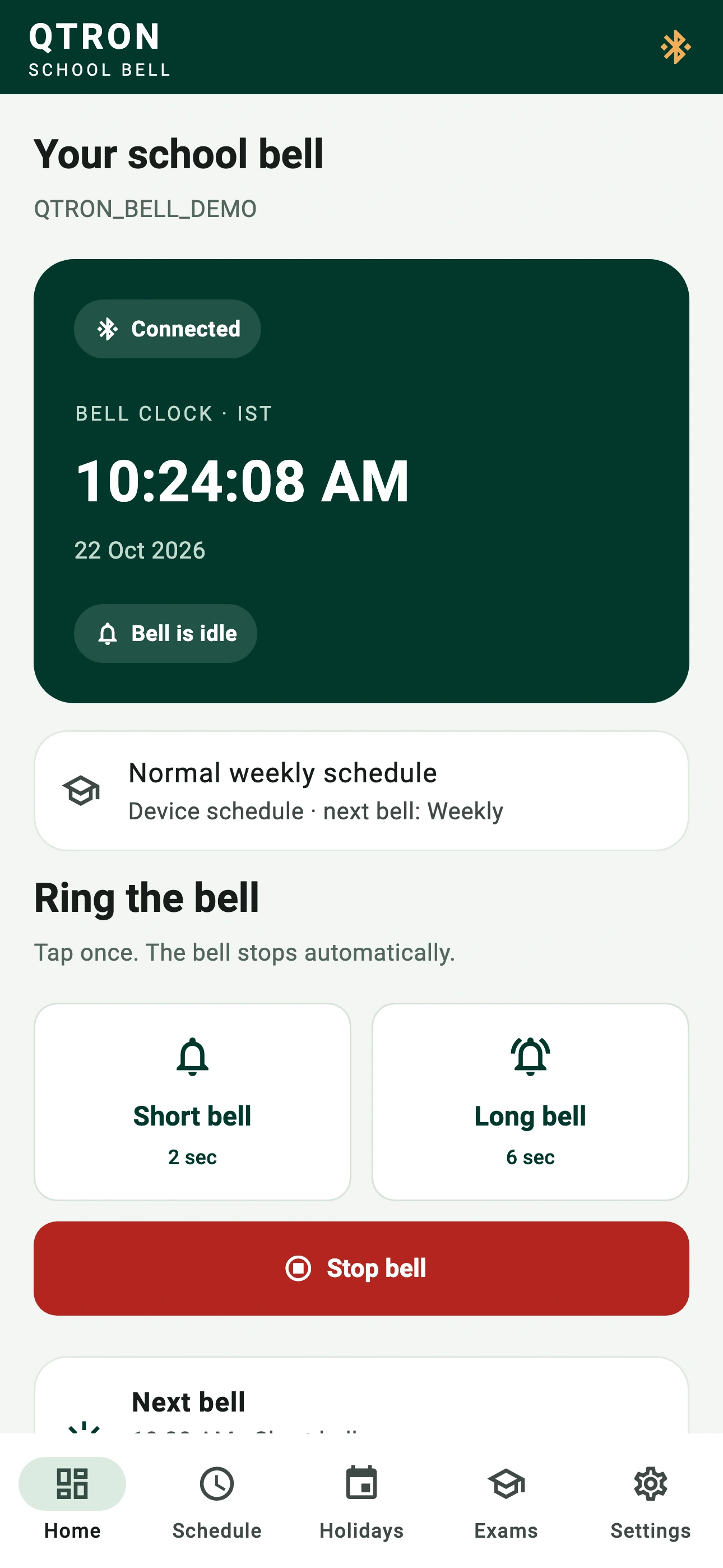 Dashboard screen of the QTRON app, with illustrative schedule data